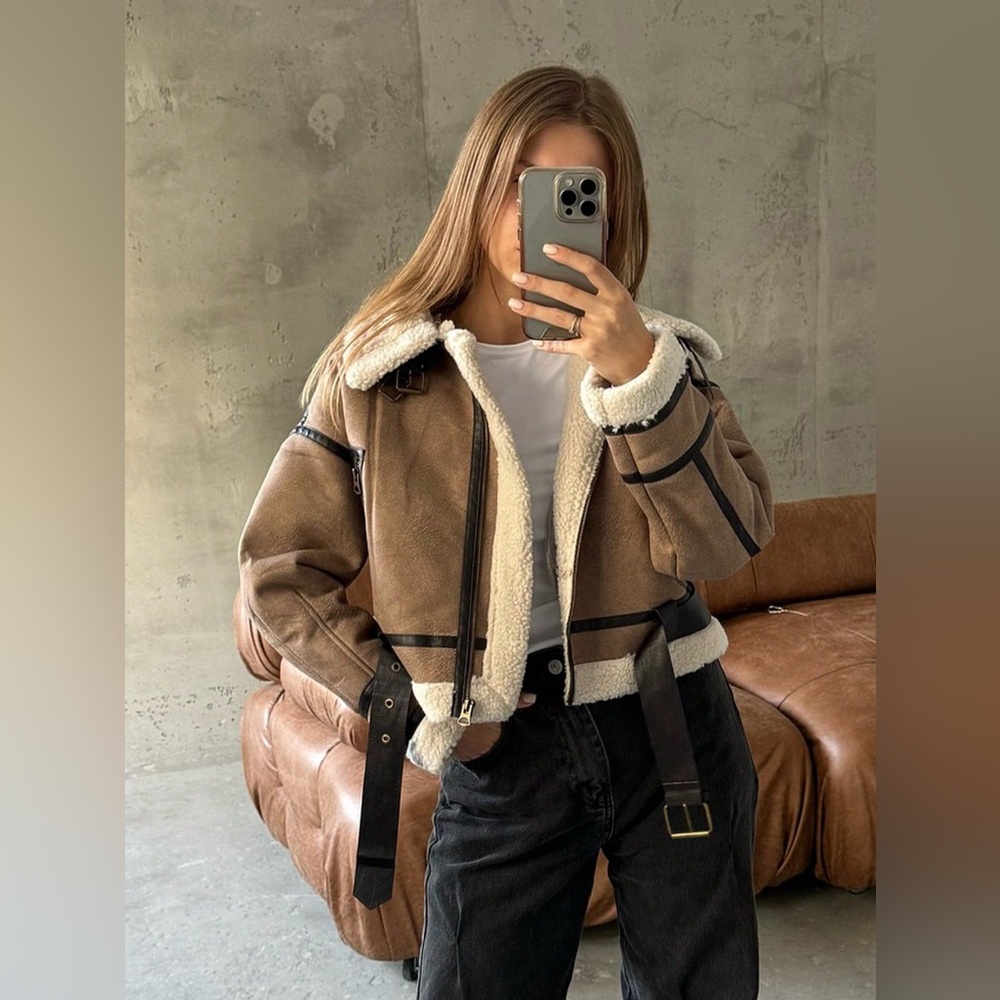 Vegan Leather Aviator Jacket Faux Shearling Lined Khaki Winter Moto Coat suede